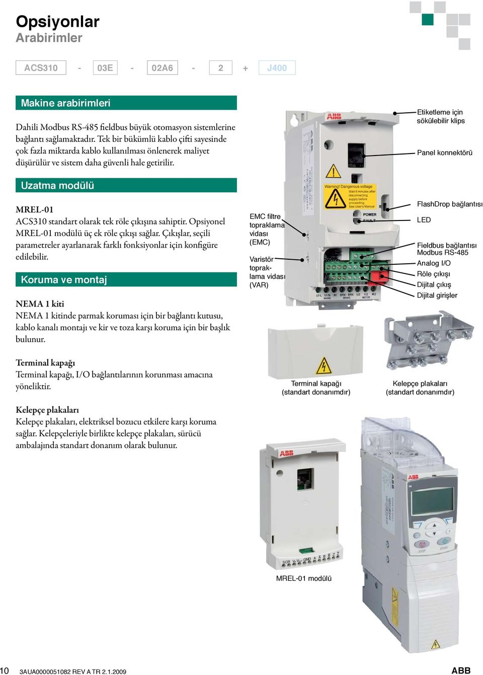 Etiketleme için sökülebilir klips Panel konnektörü Uzatma modülü MREL-01 ACS310 standart olarak tek röle çıkışına sahiptir. Opsiyonel MREL-01 modülü üç ek röle çıkışı sağlar.