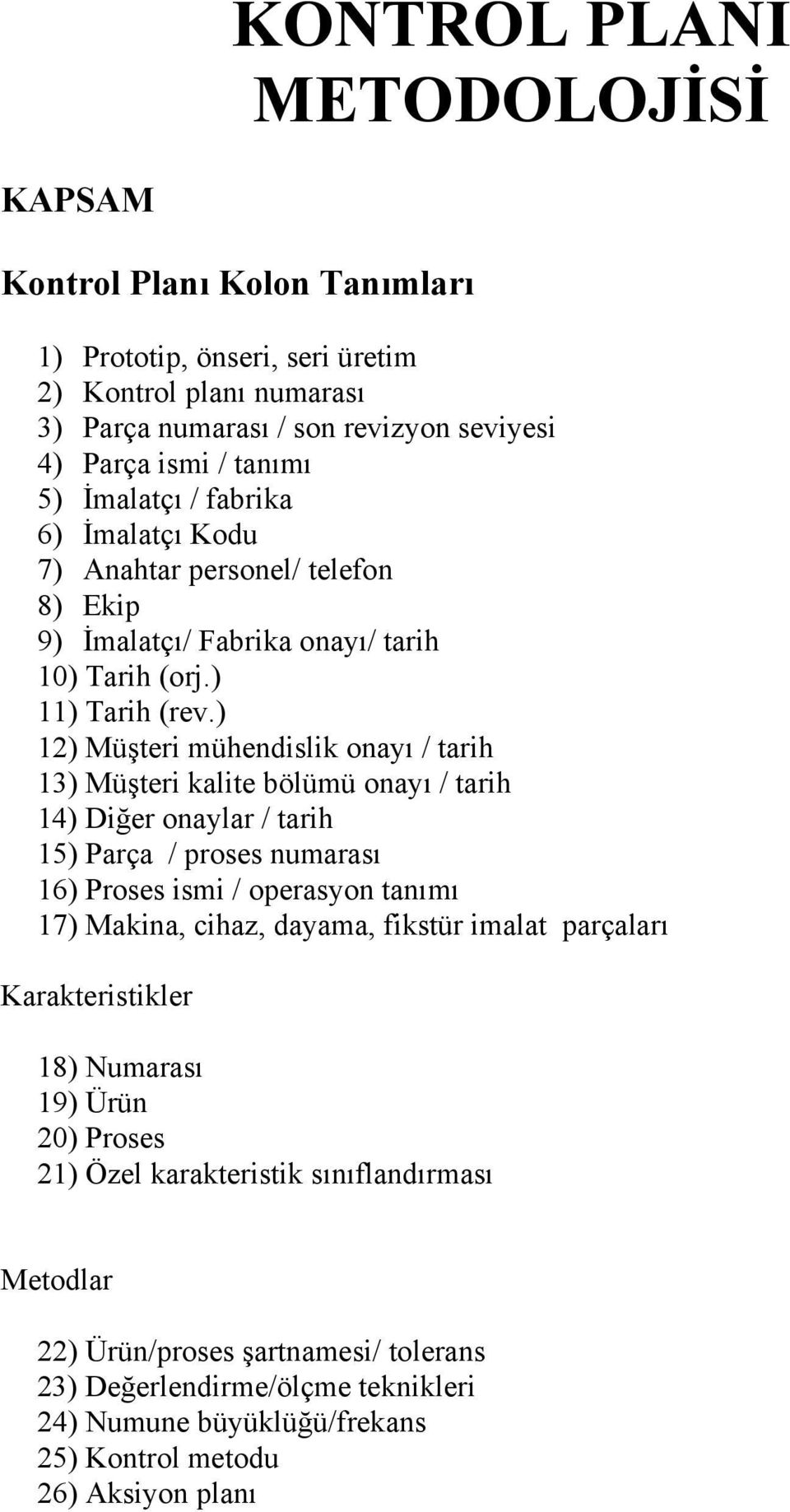 ) 12) Müşteri mühendislik onayı / tarih 13) Müşteri kalite bölümü onayı / tarih 14) Diğer onaylar / tarih 15) Parça / proses numarası 16) Proses ismi / operasyon tanımı 17) Makina, cihaz, dayama,