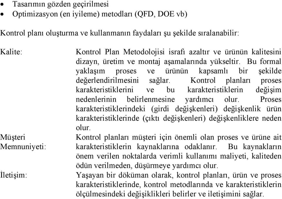 Kontrol planları proses karakteristiklerini ve bu karakteristiklerin değişim nedenlerinin belirlenmesine yardımcı olur.