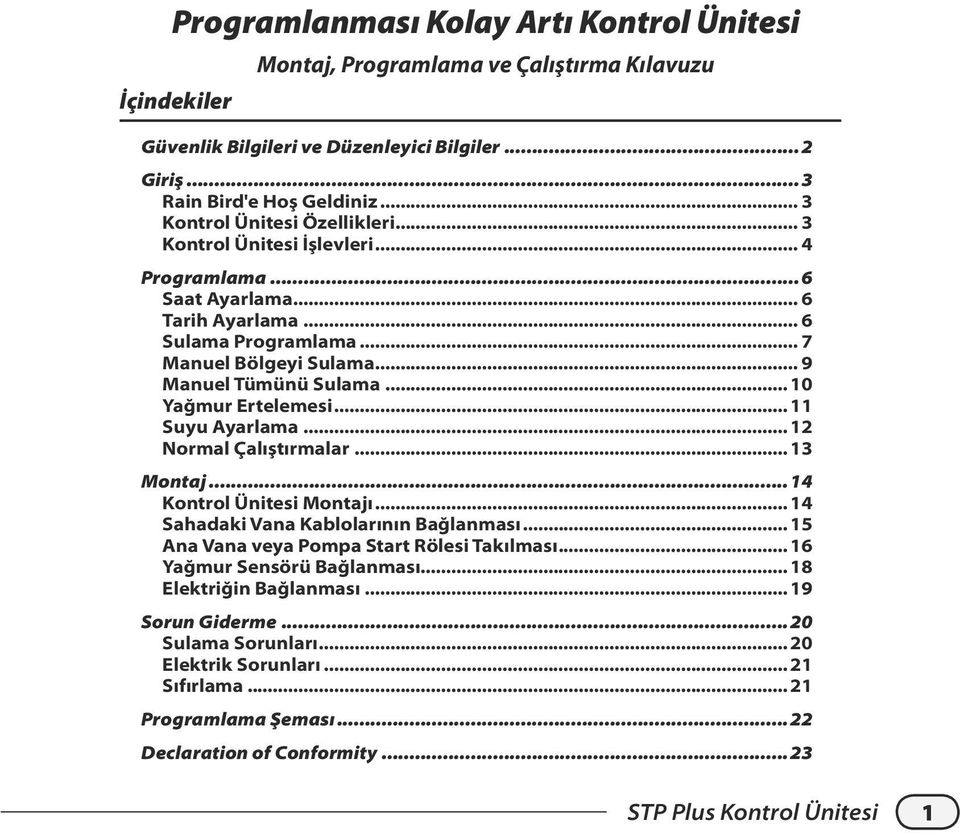 .. 10 Yağmur Ertelemesi... 11 Suyu Ayarlama... 12 Normal Çalıştırmalar... 13 Montaj...14 Kontrol Ünitesi Montajı... 14 Sahadaki Vana Kablolarının Bağlanması.