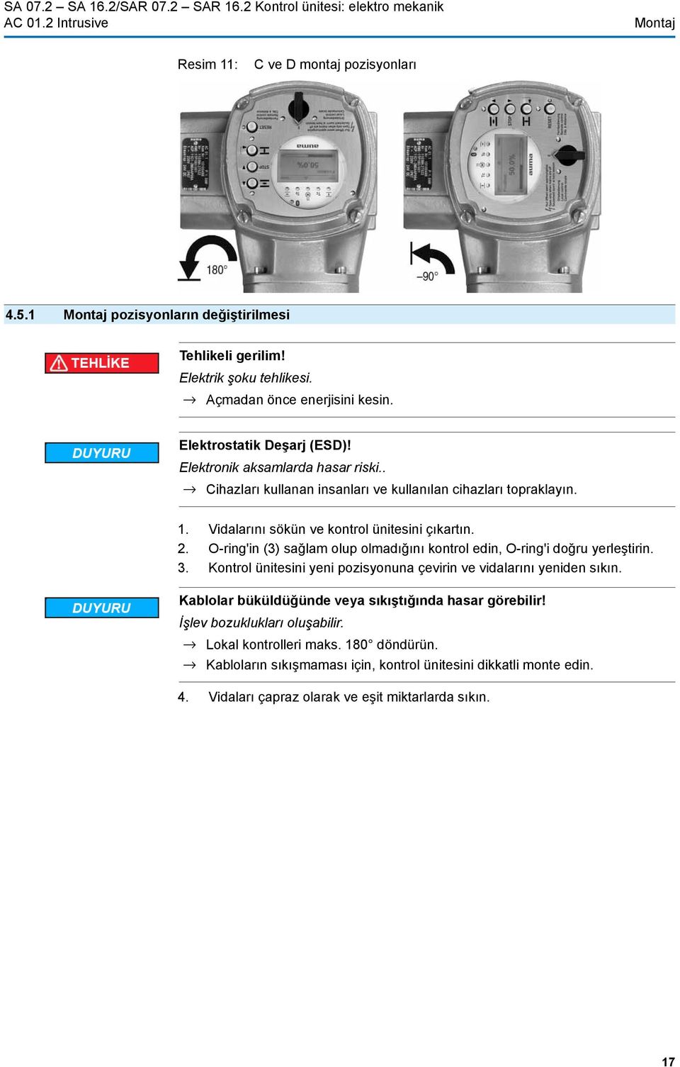 Vidalarını sökün ve kontrol ünitesini çıkartın. 2. O-ring'in (3) sağlam olup olmadığını kontrol edin, O-ring'i doğru yerleştirin. 3.