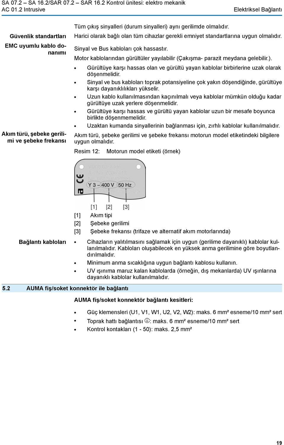 Sinyal ve Bus kabloları çok hassastır. Motor kablolarından gürültüler yayılabilir (Çakışma- parazit meydana gelebilir.).