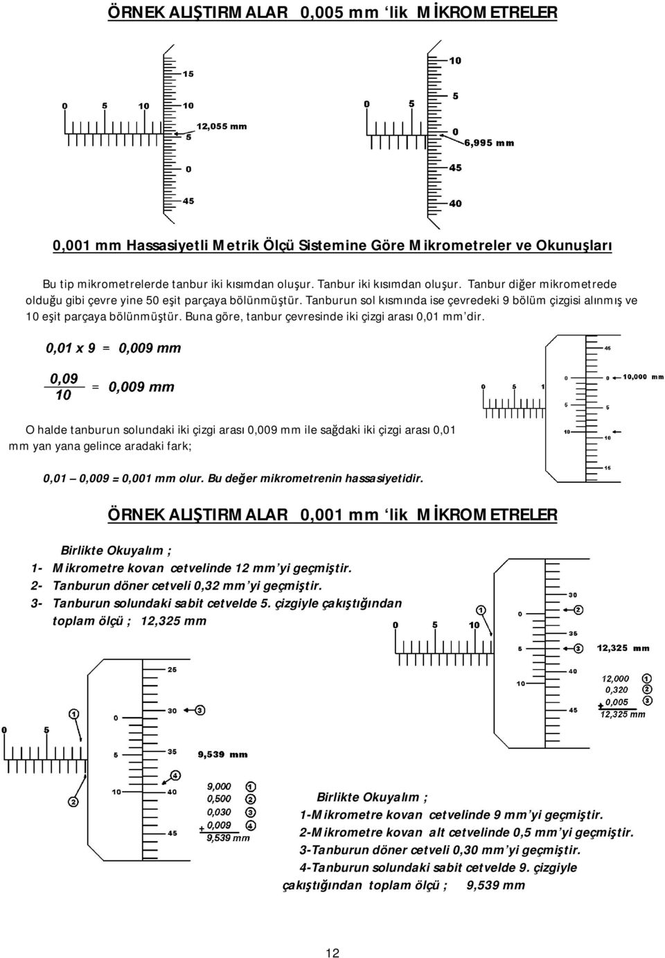 Buna göre, tanbur çevresinde iki çizgi arası 0,01 mm dir.