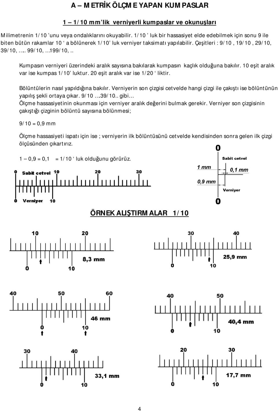 . Kumpasın verniyeri üzerindeki aralık sayısına bakılarak kumpasın kaçlık olduğuna bakılır. 10 eşit aralık var ise kumpas 1/10 luktur. 20 eşit aralık var ise 1/20 liktir.