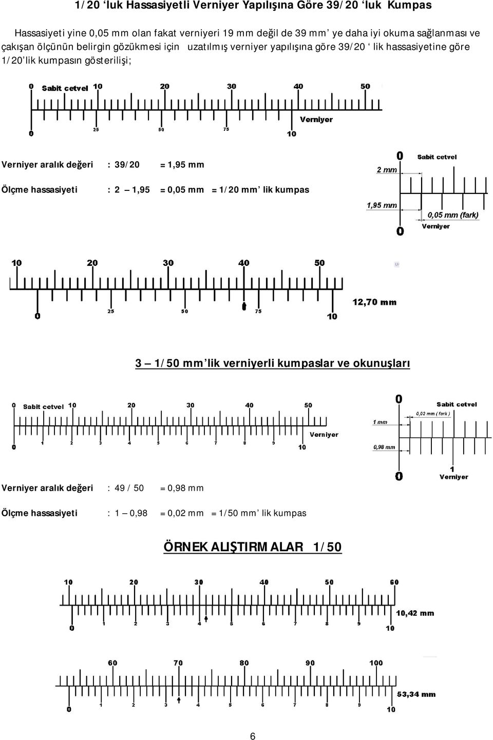 gösterilişi; Verniyer aralık değeri : 39/20 = 1,95 mm Ölçme hassasiyeti : 2 1,95 = 0,05 mm = 1/20 mm lik kumpas 3 1/50 mm lik verniyerli