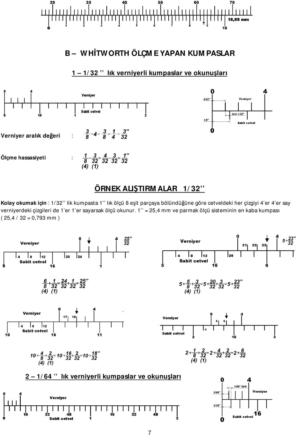 bölündüğüne göre cetveldeki her çizgiyi 4 er 4 er say verniyerdeki çizgileri de 1 er 1 er sayarsak ölçü okunur.