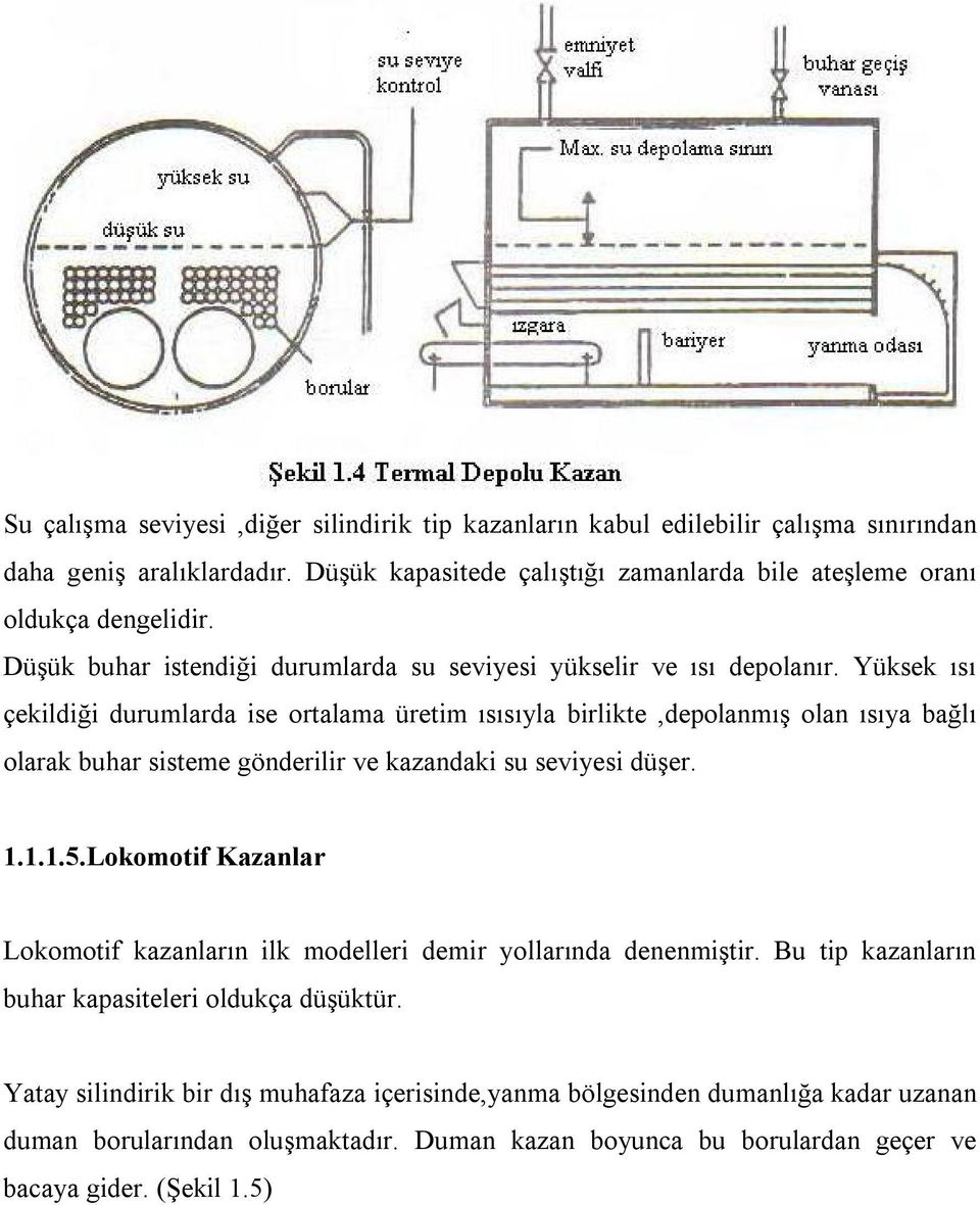 Yüksek ısı çekildiği durumlarda ise ortalama üretim ısısıyla birlikte,depolanmış olan ısıya bağlı olarak buhar sisteme gönderilir ve kazandaki su seviyesi düşer. 1.1.1.5.