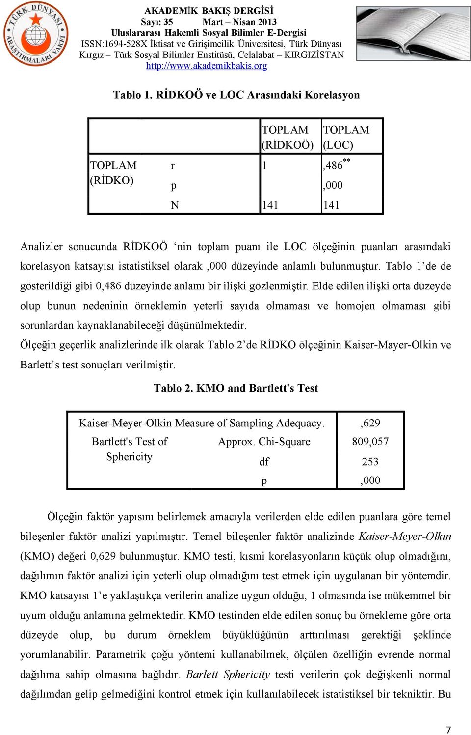 katsayısı istatistiksel olarak,000 düzeyinde anlamlı bulunmuştur. Tablo 1 de de gösterildiği gibi 0,486 düzeyinde anlamı bir ilişki gözlenmiştir.