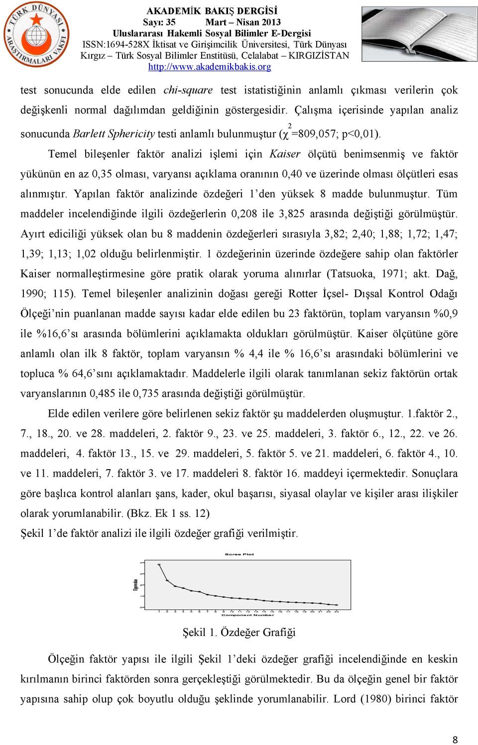Temel bileşenler faktör analizi işlemi için Kaiser ölçütü benimsenmiş ve faktör yükünün en az 0,35 olması, varyansı açıklama oranının 0,40 ve üzerinde olması ölçütleri esas alınmıştır.