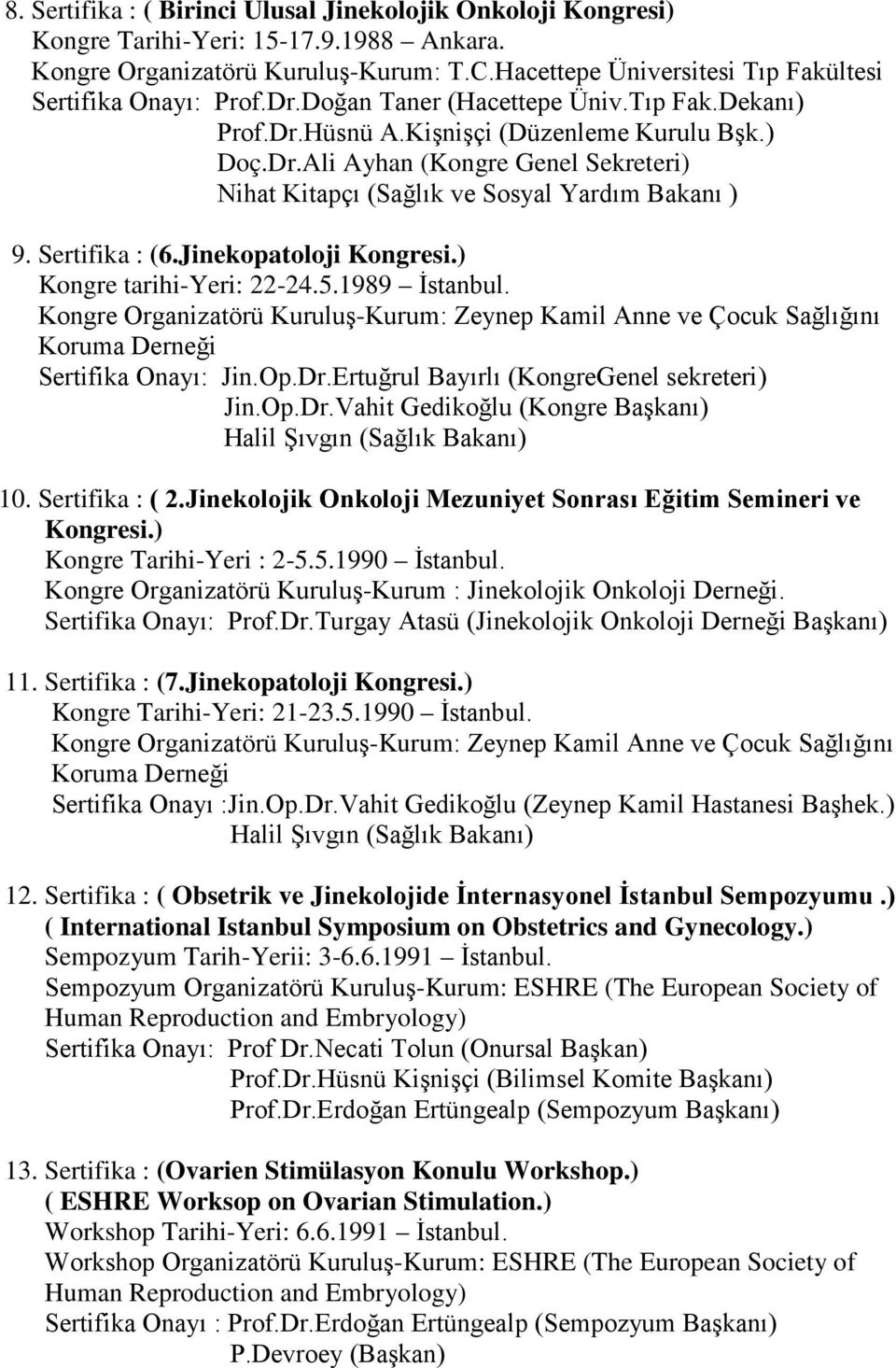 Sertifika : (6.Jinekopatoloji Kongresi.) Kongre tarihi-yeri: 22-24.5.1989 İstanbul. Kongre Organizatörü Kuruluş-Kurum: Zeynep Kamil Anne ve Çocuk Sağlığını Koruma Derneği Sertifika Onayı: Jin.Op.Dr.