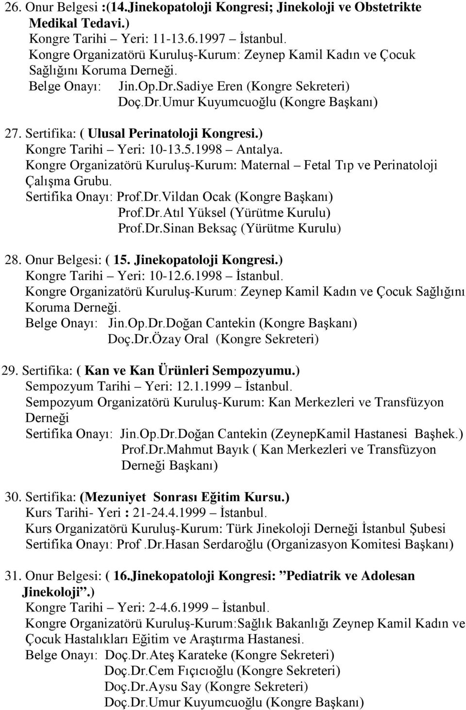 Sertifika: ( Ulusal Perinatoloji Kongresi.) Kongre Tarihi Yeri: 10-13.5.1998 Antalya. Kongre Organizatörü Kuruluş-Kurum: Maternal Fetal Tıp ve Perinatoloji Çalışma Grubu. Sertifika Onayı: Prof.Dr.