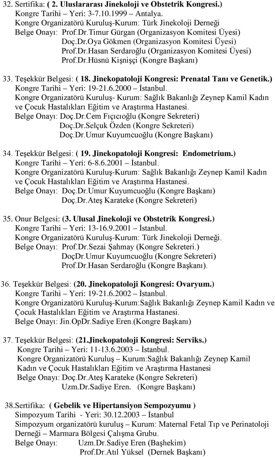 Teşekkür Belgesi: ( 18. Jinekopatoloji Kongresi: Prenatal Tanı ve Genetik.) Kongre Tarihi Yeri: 19-21.6.2000 İstanbul.