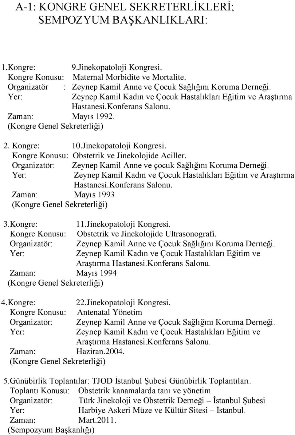 (Kongre Genel Sekreterliği) 2. Kongre: 10.Jinekopatoloji Kongresi. Kongre Konusu: Obstetrik ve Jinekolojide Aciller. Organizatör: Zeynep Kamil Anne ve çocuk Sağlığını Koruma Derneği.