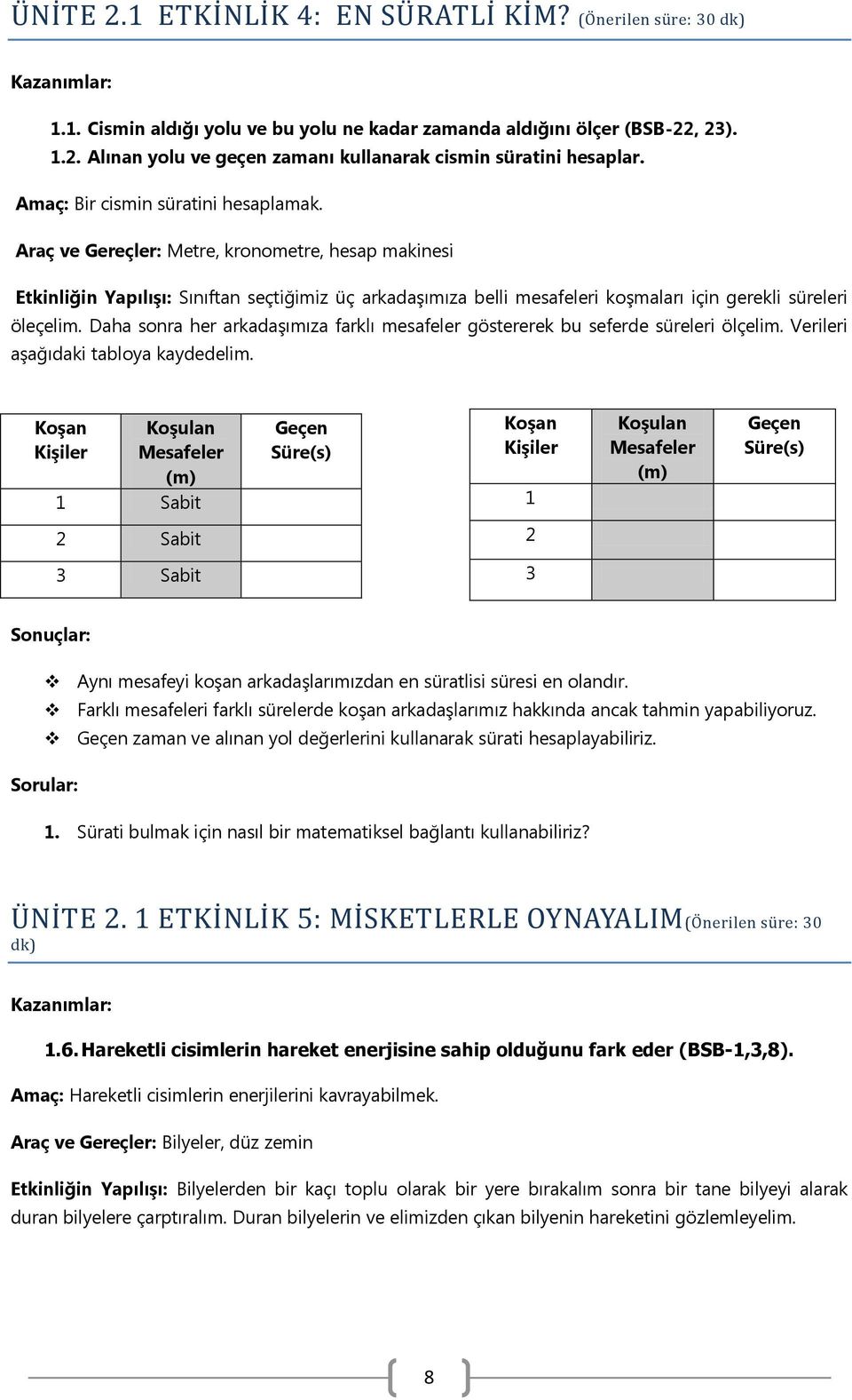 Araç ve Gereçler: Metre, kronometre, hesap makinesi Etkinliğin Yapılışı: Sınıftan seçtiğimiz üç arkadaşımıza belli mesafeleri koşmaları için gerekli süreleri öleçelim.