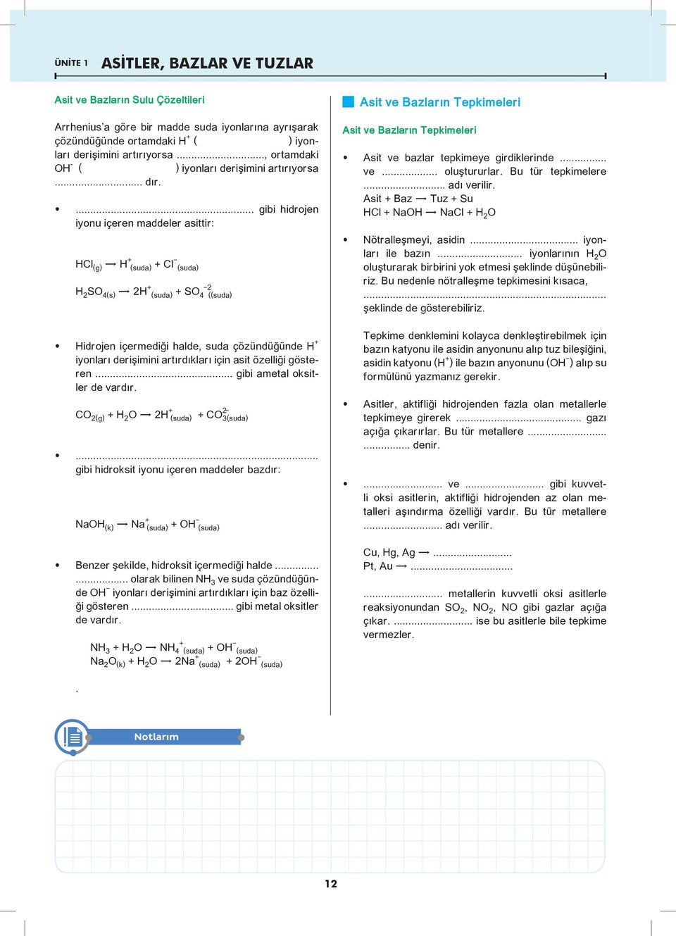 .. gibi hidrojen iyonu içeren maddeler asittir: HCl (g) Œ H + (suda) + Cl (suda) H 2 SO 4(s) Œ 2H + (suda) + SO 4 2 ((suda) Asit ve Bazların Tepkimeleri Asit ve Bazların Tepkimeleri œ Asit ve bazlar