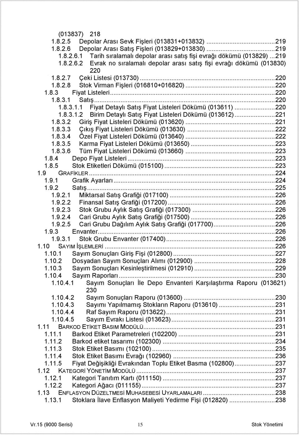 .. 220 1.8.3.1 Satış... 220 1.8.3.1.1 Fiyat Detaylı Satış Fiyat Listeleri Dökümü (013611)... 220 1.8.3.1.2 Birim Detaylı Satış Fiyat Listeleri Dökümü (013612)... 221 1.8.3.2 Giriş Fiyat Listeleri Dökümü (013620).