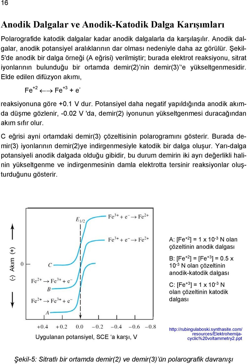 Şekil- 5'de anodik bir dalga örneği (A eğrisi) verilmiştir; burada elektrot reaksiyonu, sitrat iyonlarının bulunduğu bir ortamda demir(2) nin demir(3) e yükseltgenmesidir.