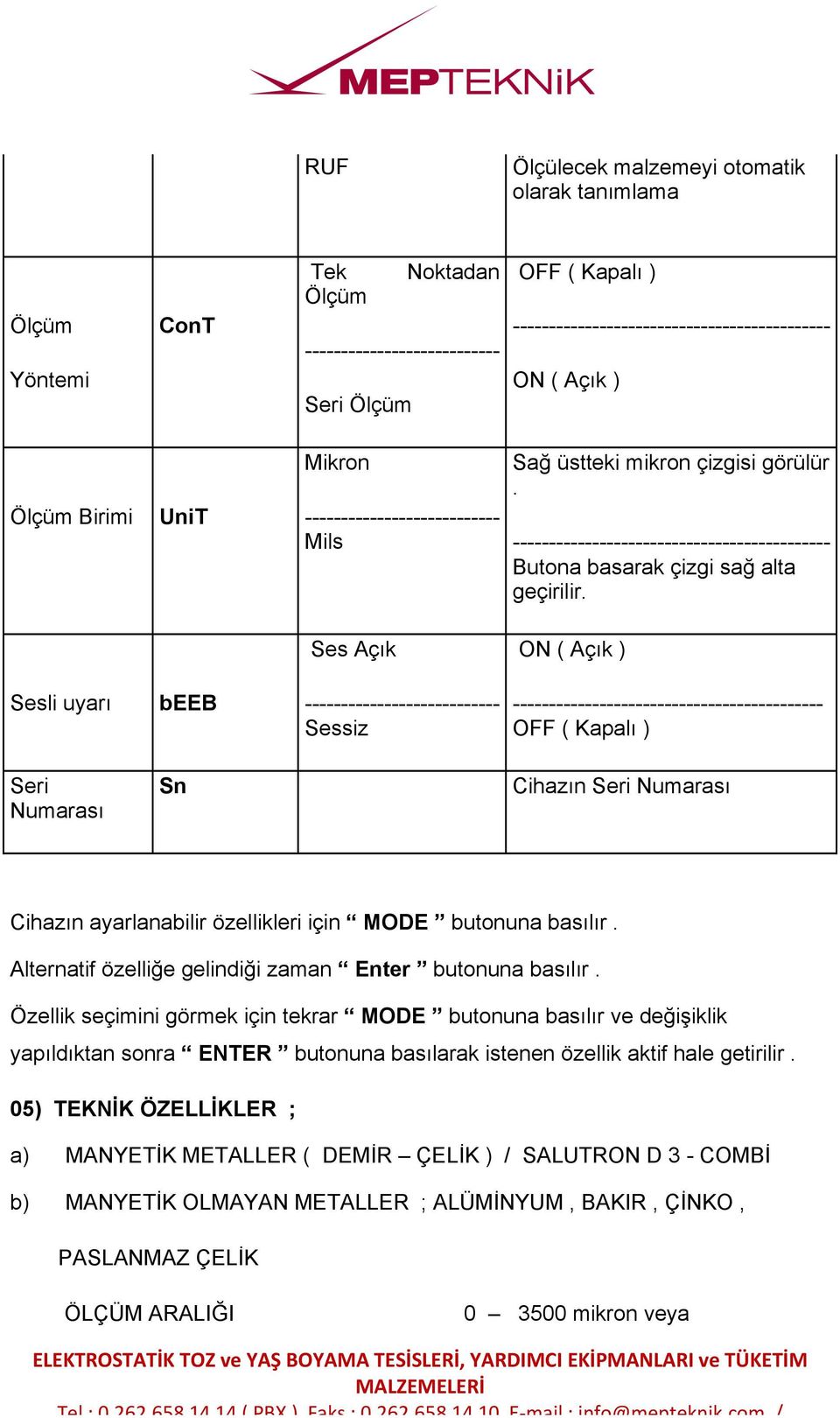 Ses Açık ON ( Açık ) Sesli uyarı beeb Sessiz ---------------- OFF ( Kapalı ) Seri Numarası Sn Cihazın Seri Numarası Cihazın ayarlanabilir özellikleri için MODE butonuna basılır.