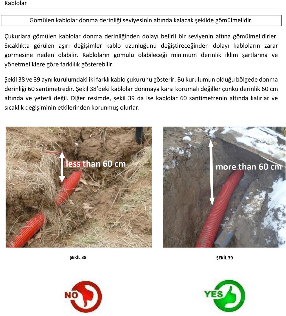 Kabloların gömülü olabileceği minimum derinlik iklim şartlarına ve yönetmeliklere göre farklılık gösterebilir. Şekil 38 ve 39 aynı kurulumdaki iki farklı kablo çukurunu gösterir.