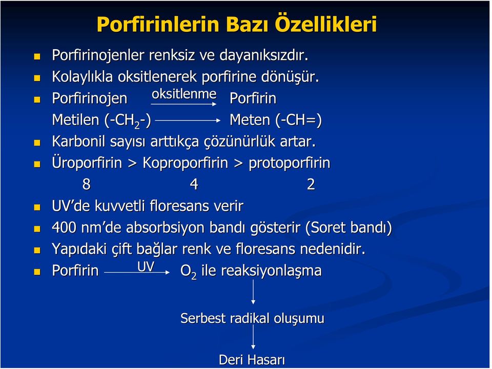 çözünürl Üroporfirin > Koproporfirin > protoporfirin 8 4 2 UV de kuvvetli floresans verir 400 nm de absorbsiyon bandı