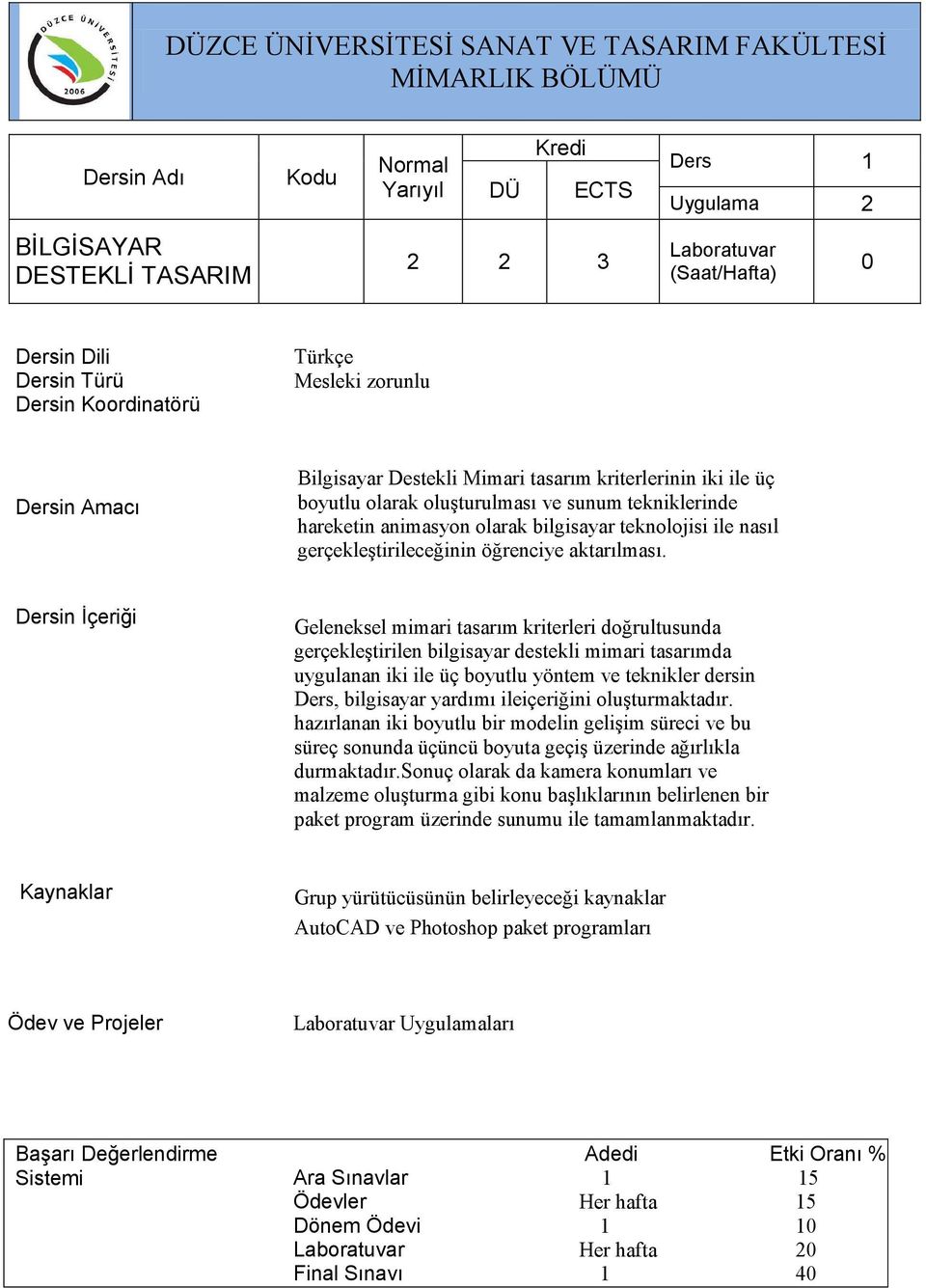 Geleneksel mimari tasarım kriterleri doğrultusunda gerçekleştirilen bilgisayar destekli mimari tasarımda uygulanan iki ile üç boyutlu yöntem ve teknikler dersin Ders, bilgisayar yardımı ileiçeriğini