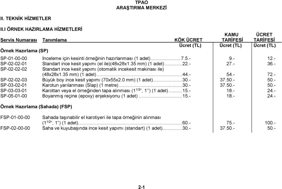 - 54.- 72.- SP-02-02-03 Büyük boy ince kesit yapımı (70x55x2.0 mm) (1 adet)... 30.- 37.50.- 50.- SP-03-02-01 Karotun yarılanması (Slap) (1 metre)... 30.- 37.50.- 50.- SP-03-03-01 Karottan veya el örneğinden tapa alınması (1 1/2, 1 ) (1 adet).