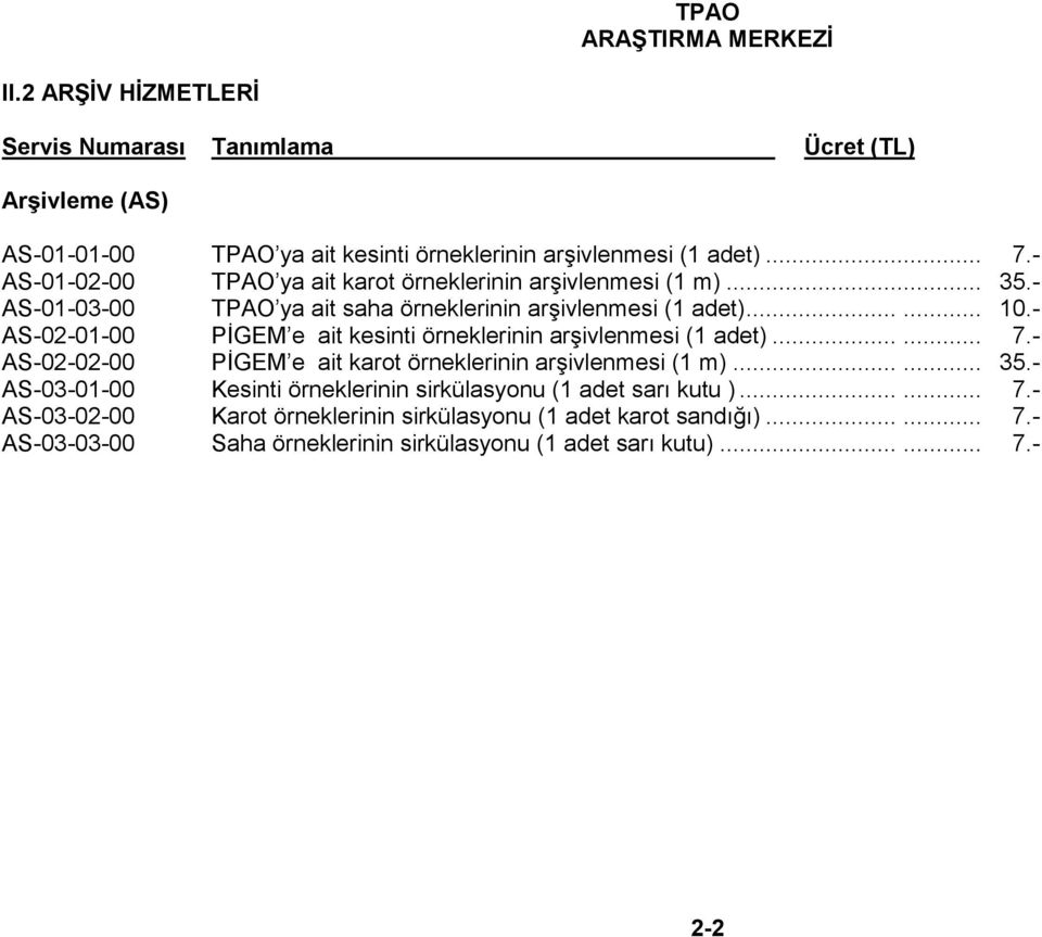 - AS-02-01-00 PİGEM e ait kesinti örneklerinin arşivlenmesi (1 adet)...... 7.- AS-02-02-00 PİGEM e ait karot örneklerinin arşivlenmesi (1 m)...... 35.