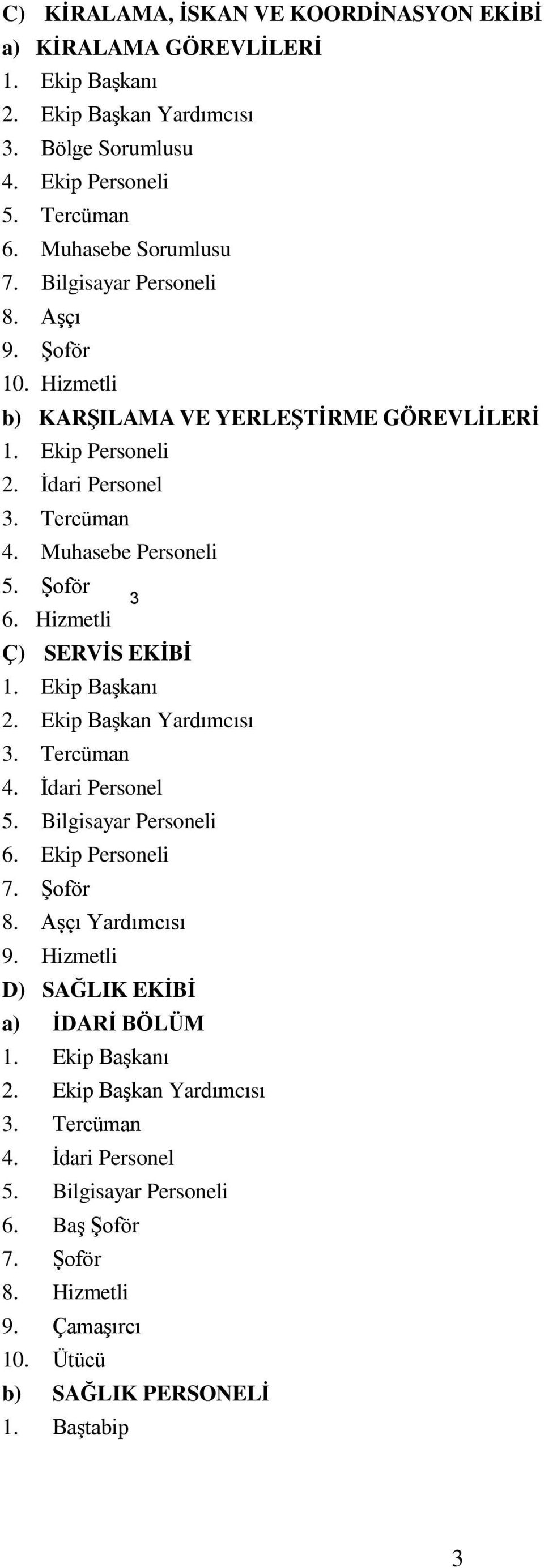 Hizmetli 3 Ç) SERVİS EKİBİ 1. Ekip Başkanı 2. Ekip Başkan Yardımcısı 3. Tercüman 4. İdari Personel 5. Bilgisayar Personeli 6. Ekip Personeli 7. Şoför 8. Aşçı Yardımcısı 9.