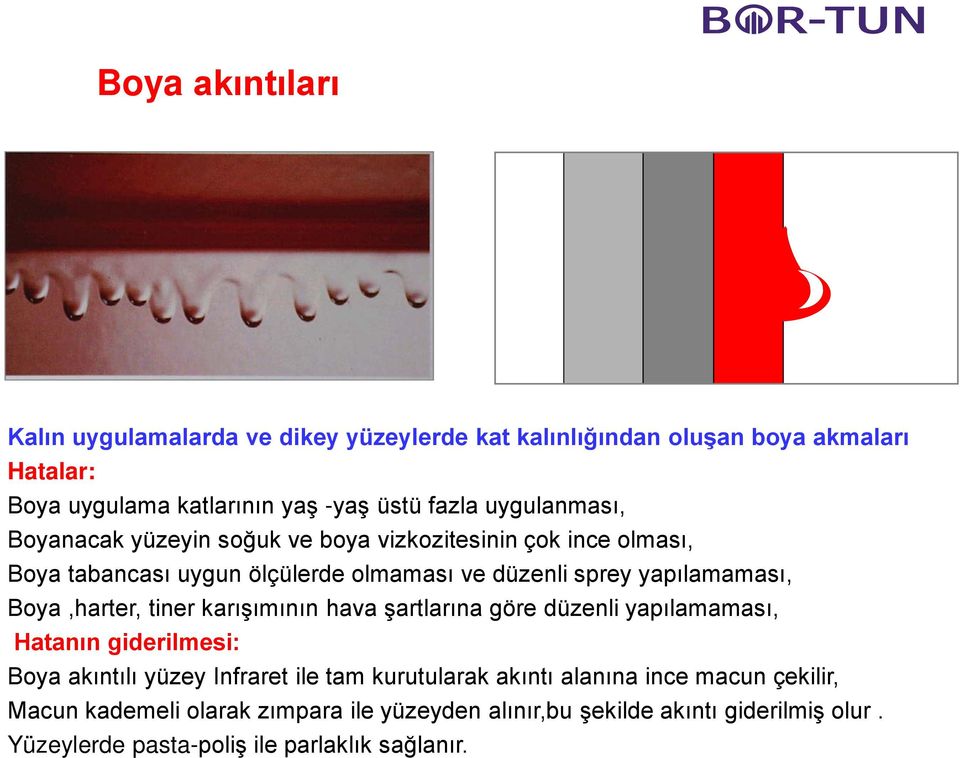 Boya,harter, tiner karışımının hava şartlarına göre düzenli yapılamaması, Hatanın giderilmesi: Boya akıntılı yüzey Infraret ile tam kurutularak akıntı