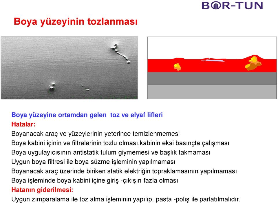 Uygun boya filtresi ile boya süzme işleminin yapılmaması Boyanacak araç üzerinde biriken statik elektriğin topraklamasının yapılmaması Boya