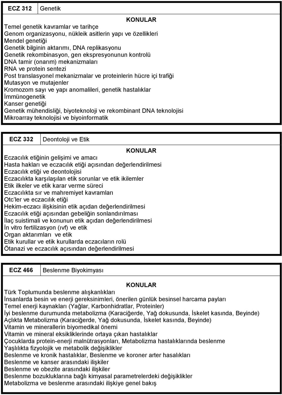 anomalileri, genetik hastalıklar İmmünogenetik Kanser genetiği Genetik mühendisliği, biyoteknoloji ve rekombinant DNA teknolojisi Mikroarray teknolojisi ve biyoinformatik ECZ 332 Deontoloji ve Etik