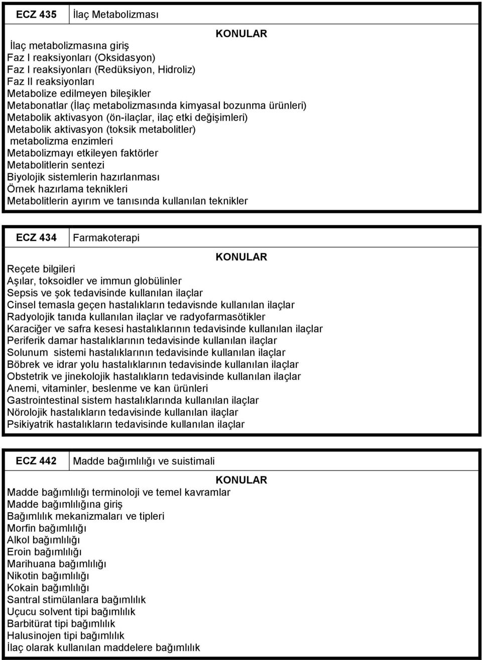 faktörler Metabolitlerin sentezi Biyolojik sistemlerin hazırlanması Örnek hazırlama teknikleri Metabolitlerin ayırım ve tanısında kullanılan teknikler ECZ 434 Farmakoterapi Reçete bilgileri Aşılar,