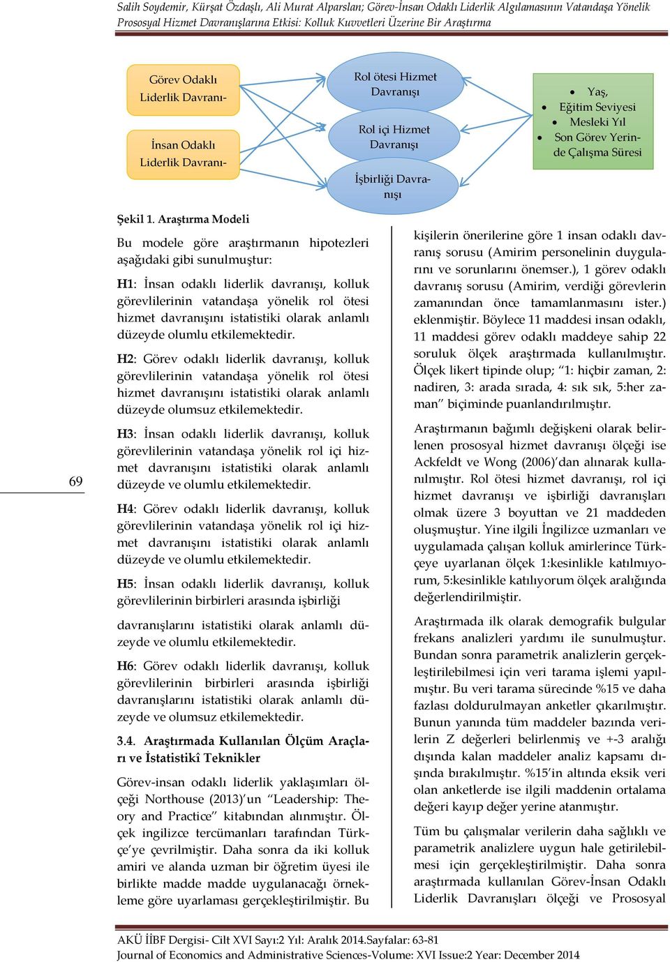 Araştırma Modeli Bu modele göre araştırmanın hipotezleri aşağıdaki gibi sunulmuştur: H1: İnsan odaklı liderlik davranışı, kolluk görevlilerinin vatandaşa yönelik rol ötesi hizmet davranışını