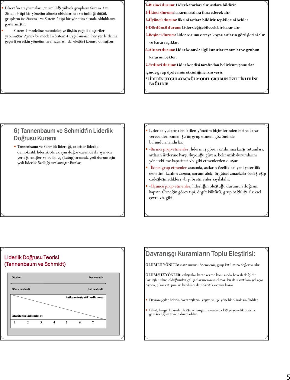 Ayrıca bu modelin Sistem 4 uygulamasını her yerde daima geçerli en etkin yönetim tarzı sayması da eleştiri konusu olmuştur. 1-Birinci durum: Lider kararları alır, astlara bildirir.