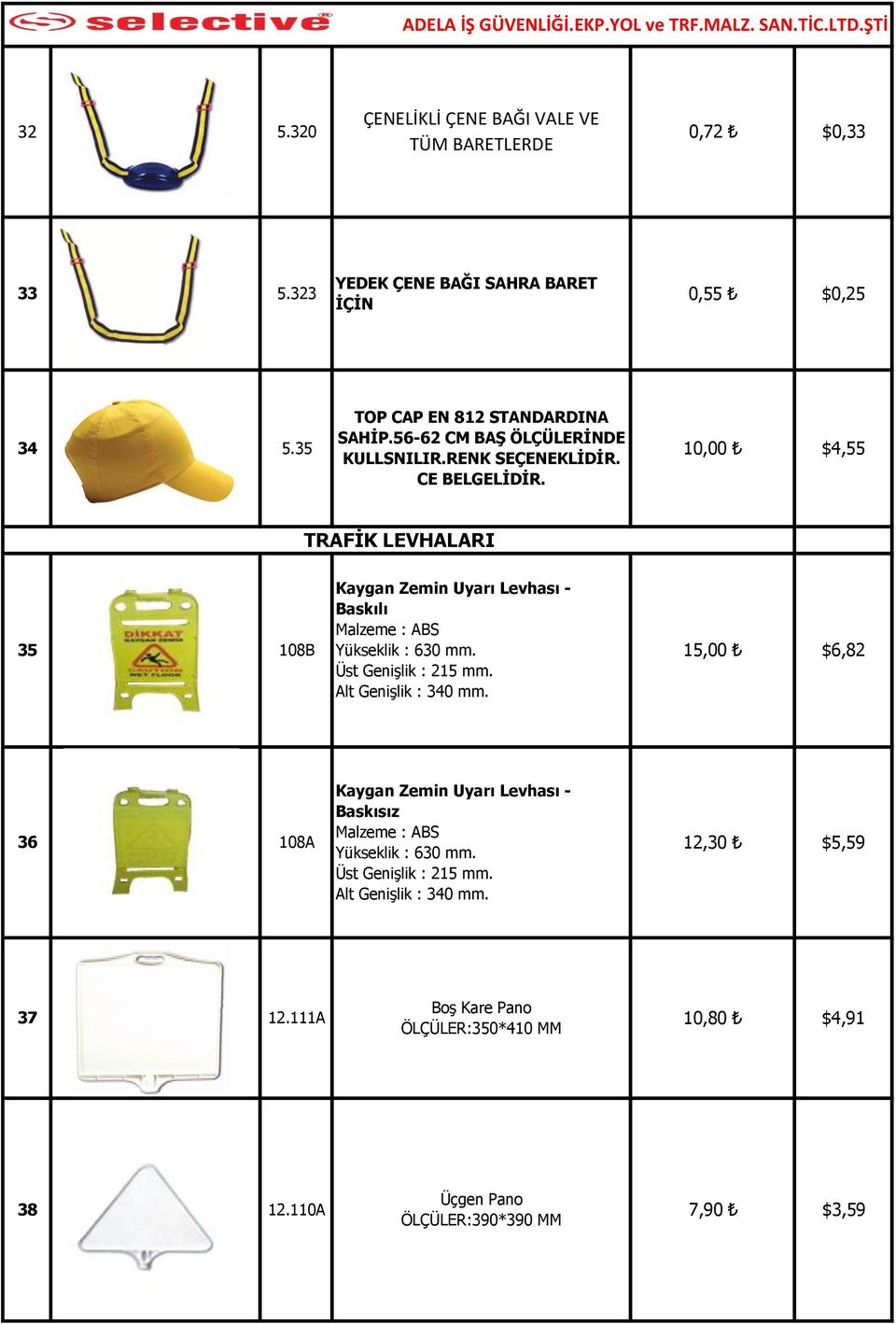 10,00 $4,55 TRAFİK LEVHALARI 35 108B Kaygan Zemin Uyarı Levhası - Baskılı Malzeme : ABS Yükseklik : 630 mm. Üst Genişlik : 215 mm. Alt Genişlik : 340 mm.