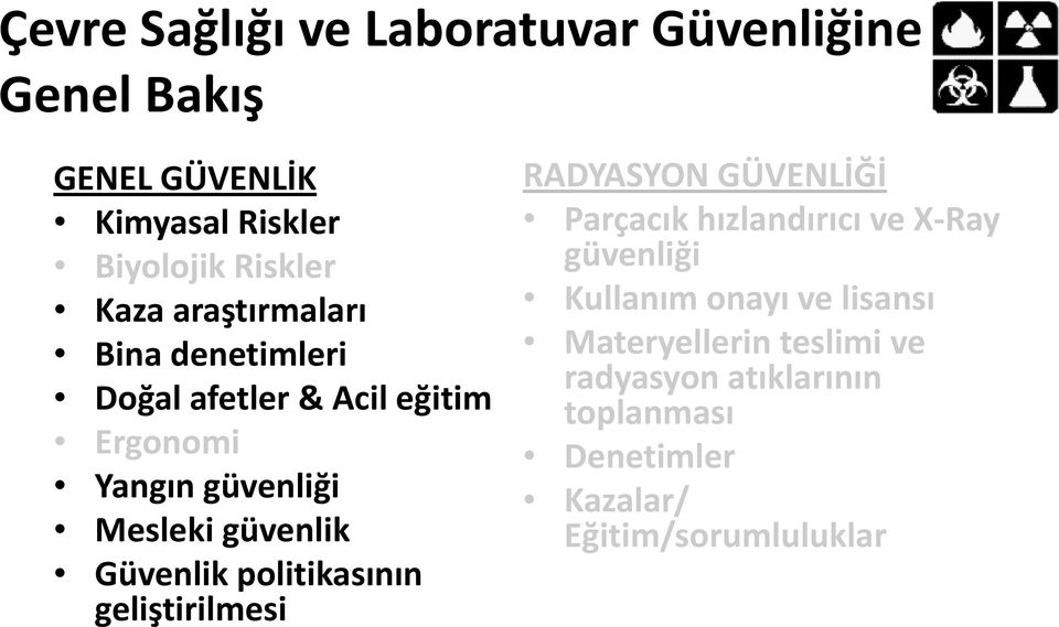 Güvenlik politikasının geliştirilmesi RADYASYON GÜVENLİĞİ Parçacık hızlandırıcı ve X Ray güvenliği Kullanım