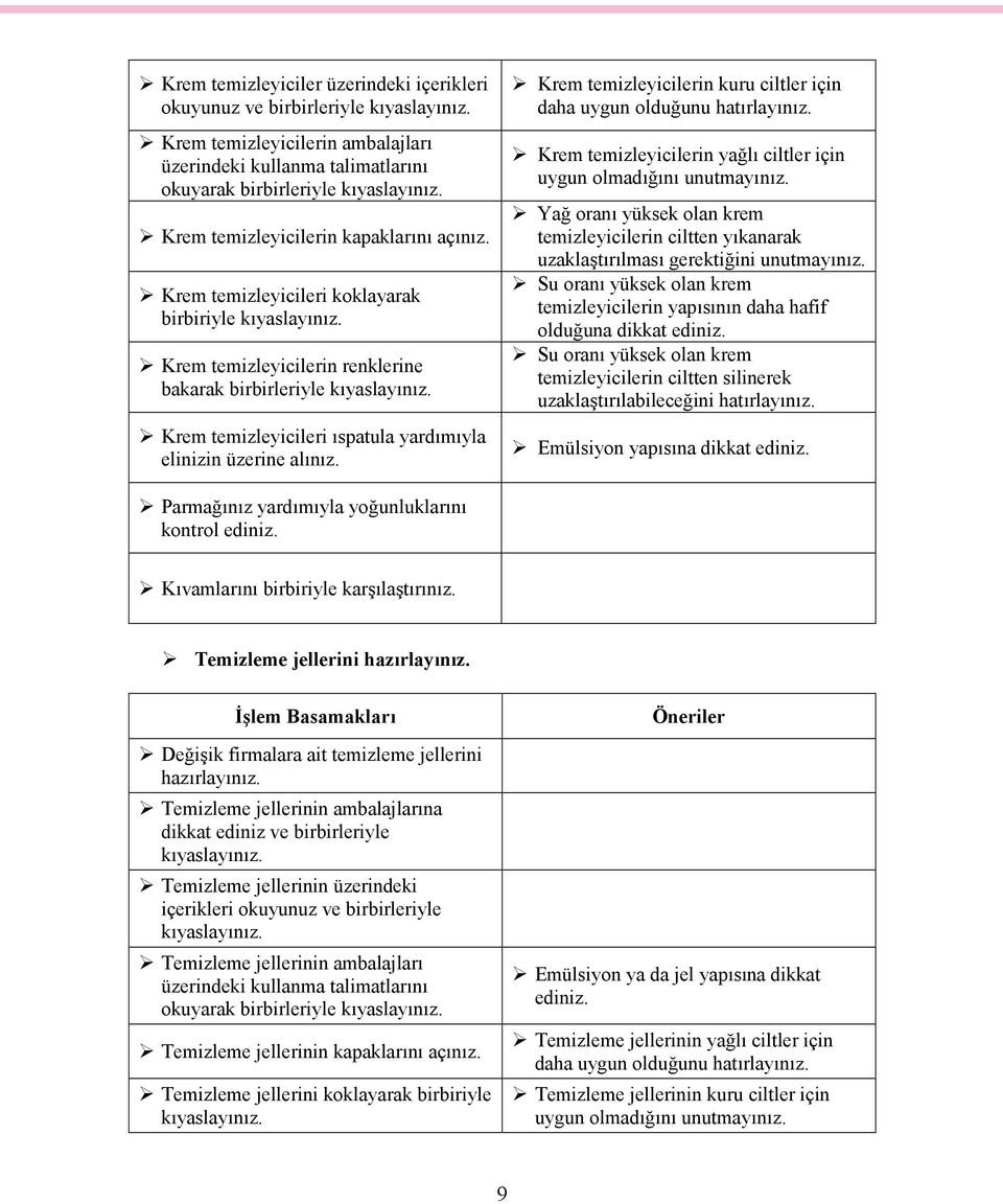 Krem temizleyicilerin kuru ciltler için daha uygun olduğunu hatırlayınız. Krem temizleyicilerin yağlı ciltler için uygun olmadığını unutmayınız.