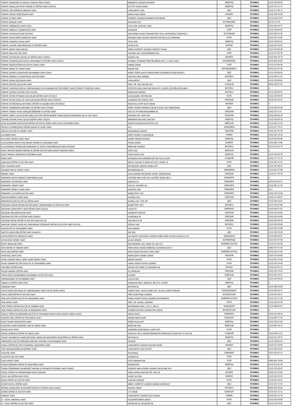 ŞİŞLİ İSTANBUL (212) 211 90 71 TÜRKİYE FİNANS YÖNETİCİLERİ VAKFI İSMAİL PAŞA SOKAK KADIKÖY İSTANBUL (216) 428 78 58 TÜRKİYE FUTBOL VAKFI HÜRRİYET CADDESİ MERMER APARTMANI ŞİŞLİ İSTANBUL (212) 243 42