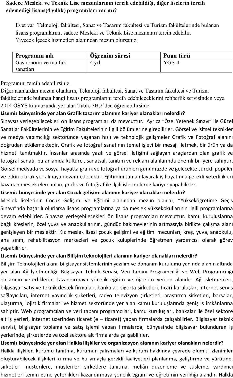 Yiyecek İçecek hizmetleri alanından mezun olursanız; Programın adı Öğrenim süresi Puan türü Gastronomi ve mutfak YGS-4 sanatları Programını tercih edebilirsiniz.