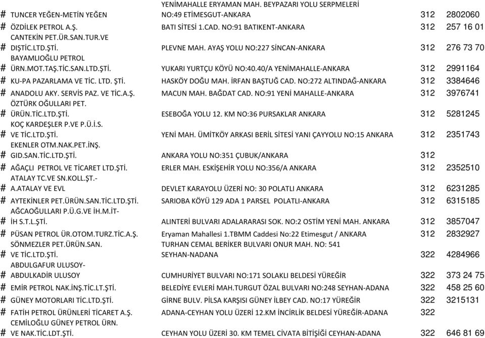 40/A YENİMAHALLE ANKARA 312 2991164 # KU PA PAZARLAMA VE TİC. LTD. ŞTİ. HASKÖY DOĞU MAH. İRFAN BAŞTUĞ CAD. NO:272 ALTINDAĞ ANKARA 312 3384646 # ANADOLU AKY. SERVİS PAZ. VE TİC.A.Ş. MACUN MAH.