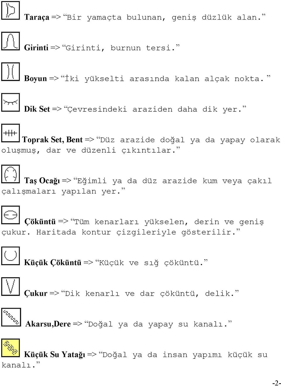 Taş Ocağı => Eğimli ya da düz arazide kum veya çakıl çalışmaları yapılan yer. Çöküntü => Tüm kenarları yükselen, derin ve geniş çukur.