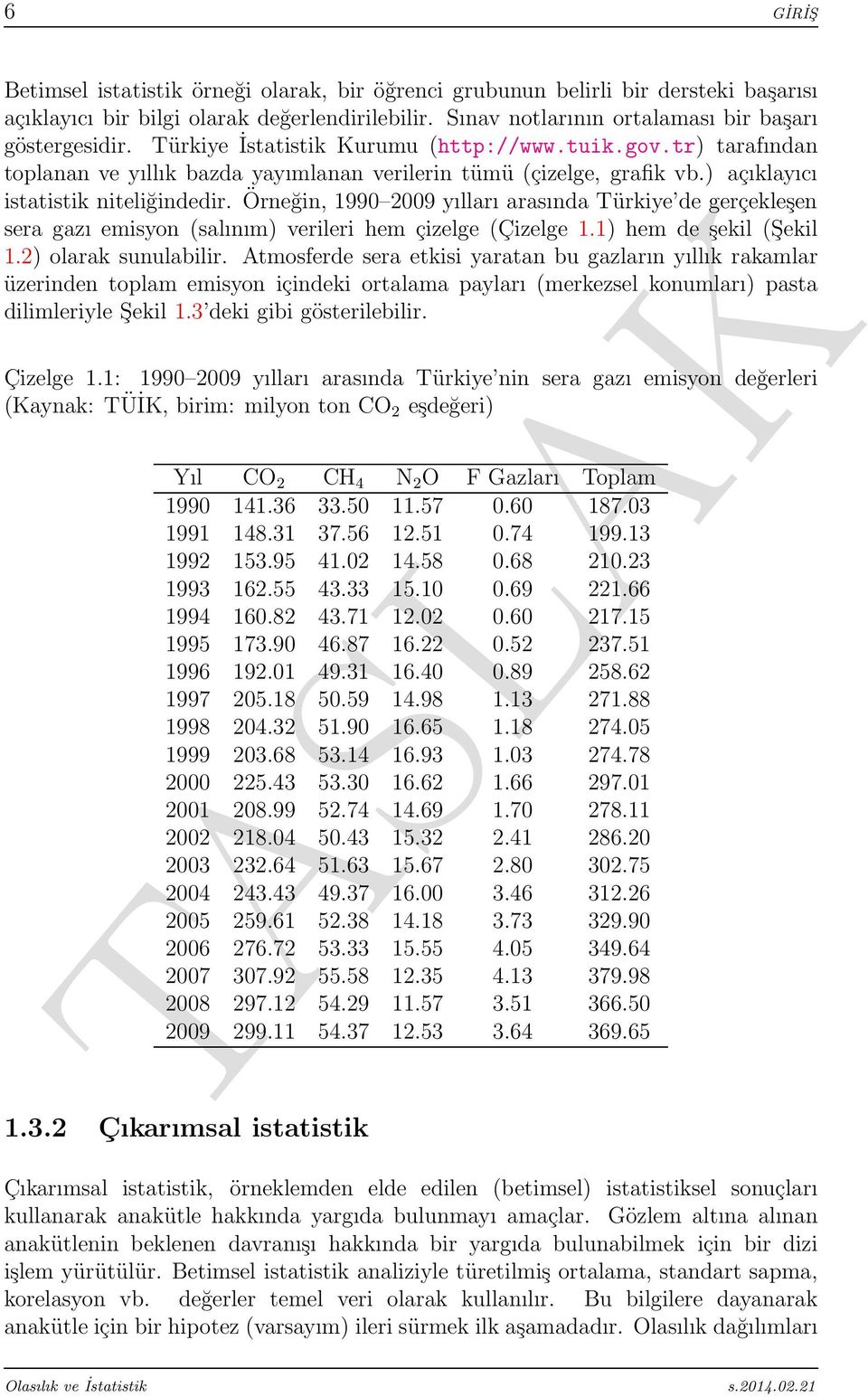 Örneğin, 1990 2009 yılları arasında Türkiye de gerçekleşen sera gazı emisyon (salınım) verileri hem çizelge (Çizelge 1.1) hem de şekil (Şekil 1.2) olarak sunulabilir.