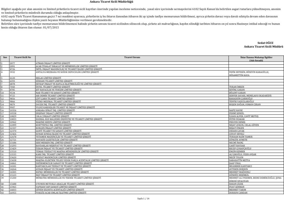 6102 sayılı Türk Ticaret Kanununun geçici 7 nci maddesi uyarınca, şirketlerin iş bu ihtarın ilanından itibaren iki ay içinde tasfiye memurunun bildirilmesi, ayrıca şirketin davacı veya davalı