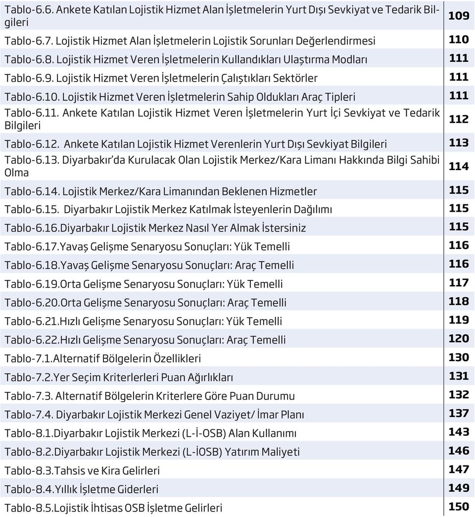 Lojistik Hizmet Veren İşletmelerin Sahip Oldukları Araç Tipleri 111 Tablo-6.11. Ankete Katılan Lojistik Hizmet Veren İşletmelerin Yurt İçi Sevkiyat ve Tedarik Bilgileri 112 