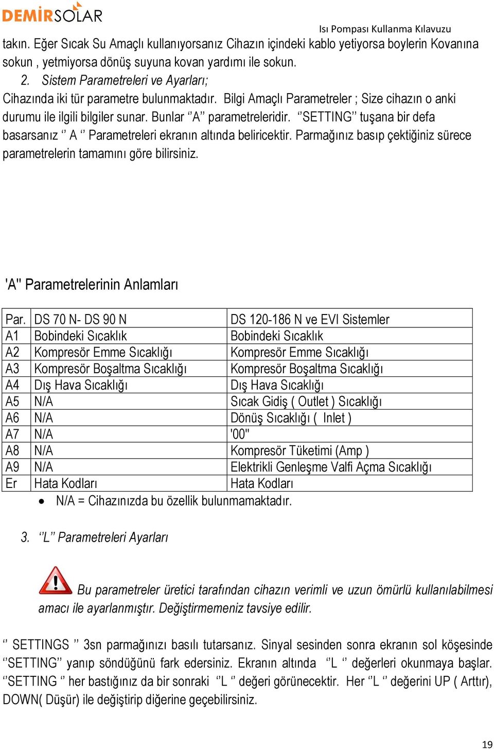 SETTING tuşana bir defa basarsanız A Parametreleri ekranın altında beliricektir. Parmağınız basıp çektiğiniz sürece parametrelerin tamamını göre bilirsiniz. 'A'' Parametrelerinin Anlamları Par.