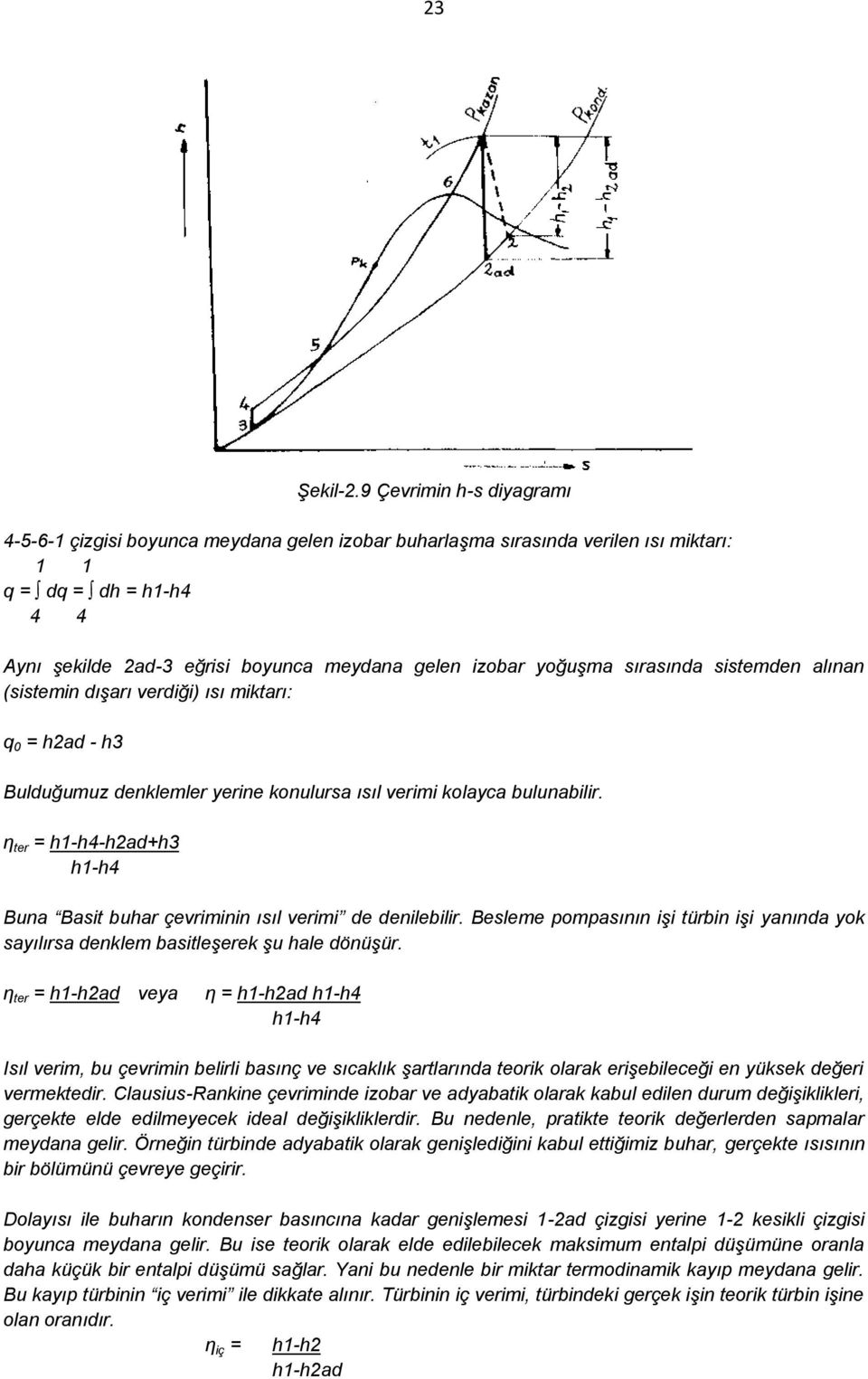 yoğuşma sırasında sistemden alınan (sistemin dışarı verdiği) ısı miktarı: q 0 = h2ad - h3 Bulduğumuz denklemler yerine konulursa ısıl verimi kolayca bulunabilir.