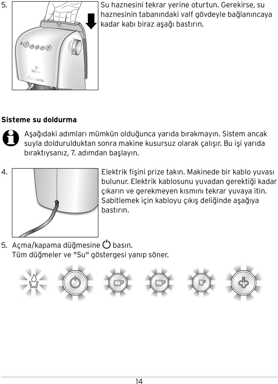 Bu işi yarıda bıraktıysanız, 7. adımdan başlayın.. Elektrik fişini prize takın. Makinede bir kablo yuvası bulunur.