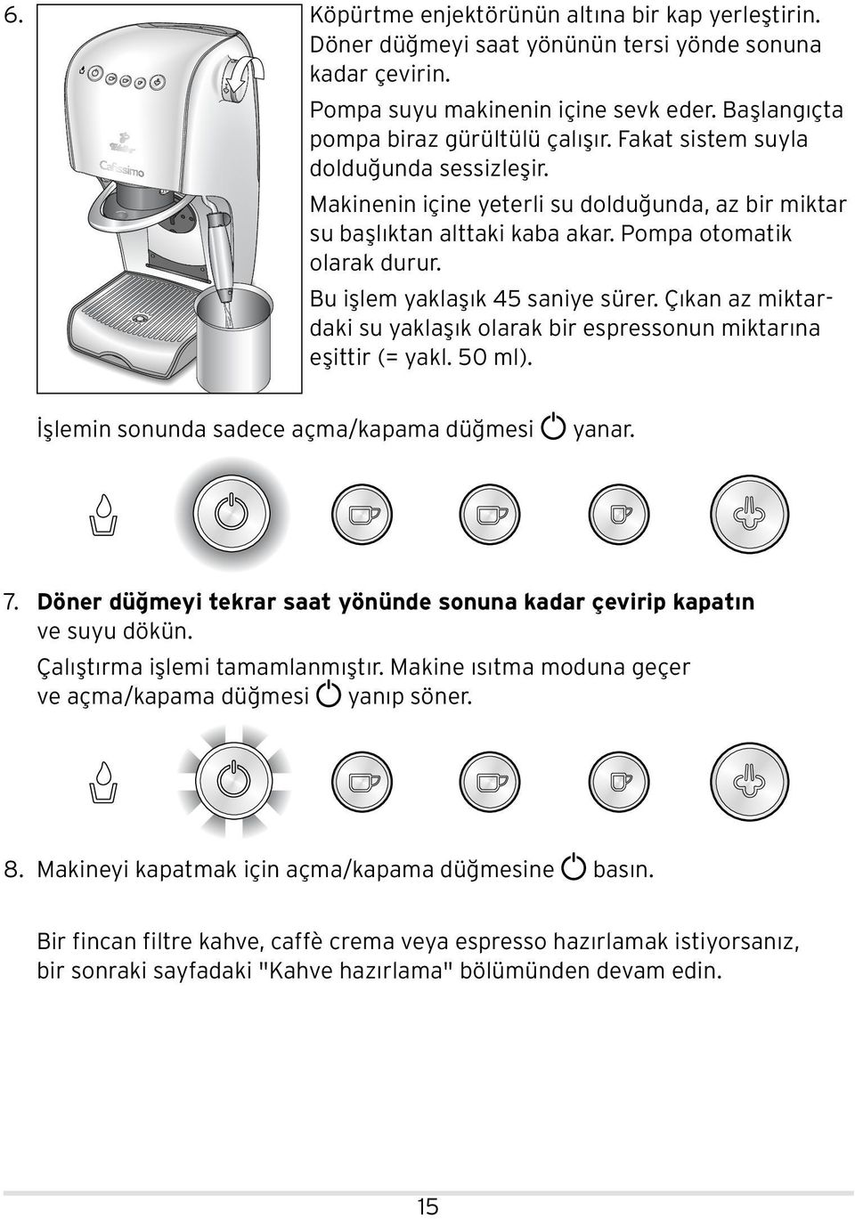 Çıkan az miktardaki su yaklaşık olarak bir espressonun miktarına eşittir (= yakl. 50 ml). İşlemin sonunda sadece açma/kapama düğmesi yanar. 7.