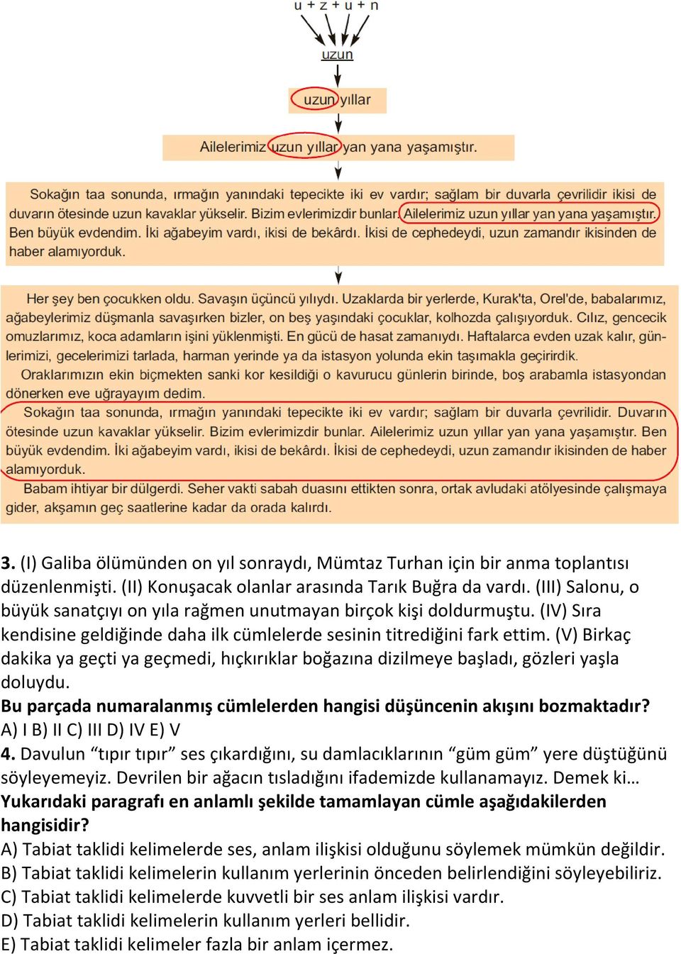 (V) Birkaç dakika ya geçti ya geçmedi, hıçkırıklar boğazına dizilmeye başladı, gözleri yaşla doluydu. Bu parçada numaralanmış cümlelerden hangisi düşüncenin akışını bozmaktadır?