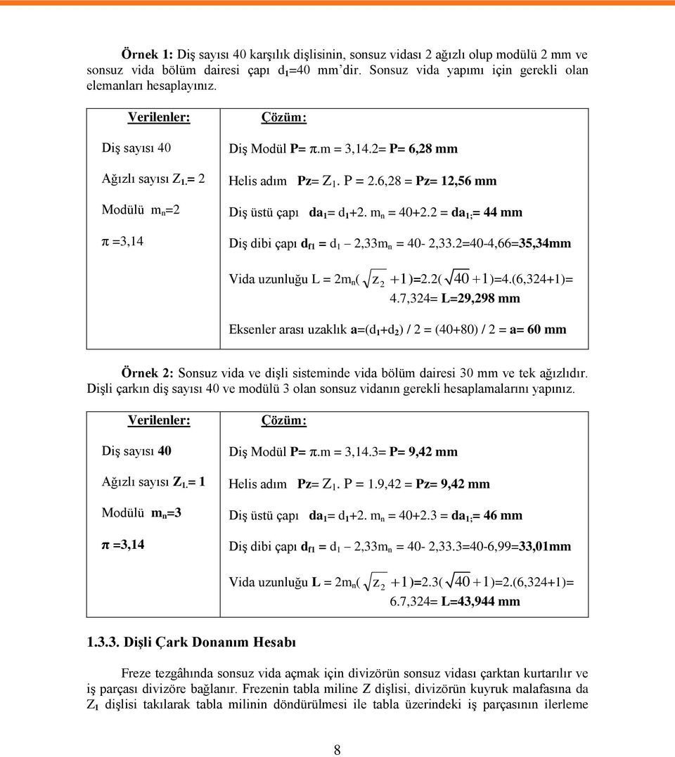 m n = 40+2.2 = da 1; = 44 mm Diş dibi çapı d f1 = d 1 2,33m n = 40-2,33.2=40-4,66=35,34mm Vida uzunluğu L = 2m n ( z 2 1)=2.2( 40 1)=4.(6,324+1)= 4.